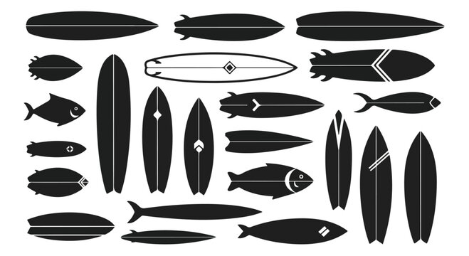 Minimalist surfboard silhouette collection, black surf board icons with fish shapes, 20 vector elements for summer beach sports branding