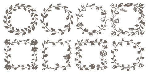 Fototapeta premium Set of hand drawn botanical floral wreaths and square frames with leaves and branches vector illustration.