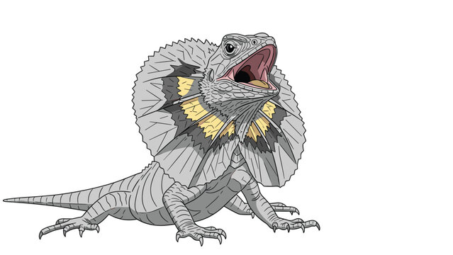 Detailed illustration of a frilled-neck lizard with its neck frill expanded in a defensive posture against white background.