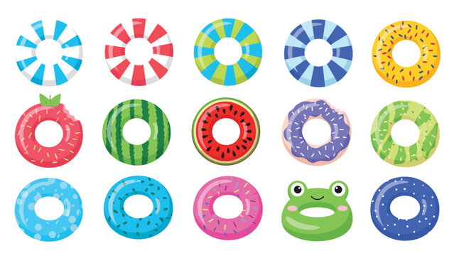 Collection of various inflatable swim rings for pool fun featuring patterns like watermelon, donut, frog, and stripes.