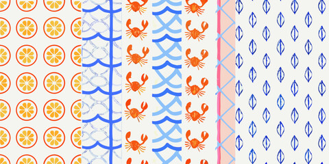 nautical summer pattern with crabs oranges and waves © Bijoy
