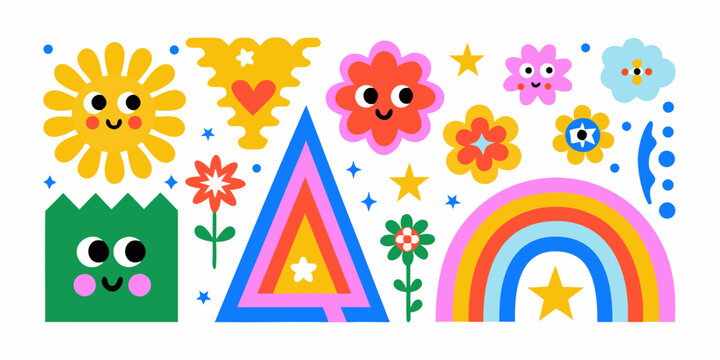 whimsical doodle art with colorful characters sun