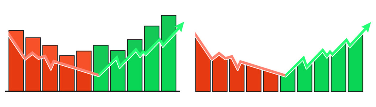 Green red bar chart set on transparent,  bull uptrend and bear downtrend financial graph with arrow, stock market trading, business investment growth concept.
