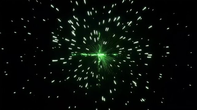 Green energy explosion digital motion background with glowing particles and dynamic light streaks forming a circular portal video effect