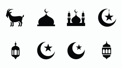 Collection of traditional islamic symbols featuring mosque domes lanterns and animal icons. © Jayshri