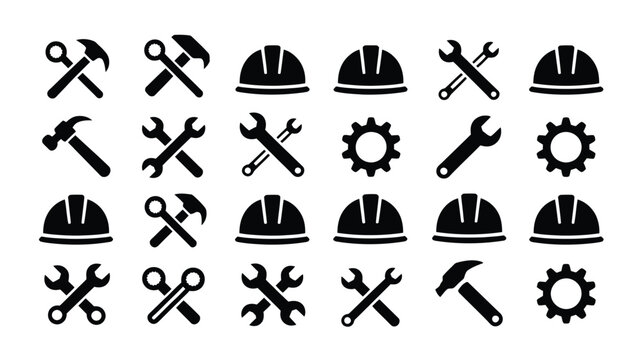 Black and white construction tool vector set with spanners hammers gear and safety helmet.