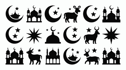 Islamic decorative patterns with mosque silhouettes crescent moons and sacrificial goat icons. © Jayshri