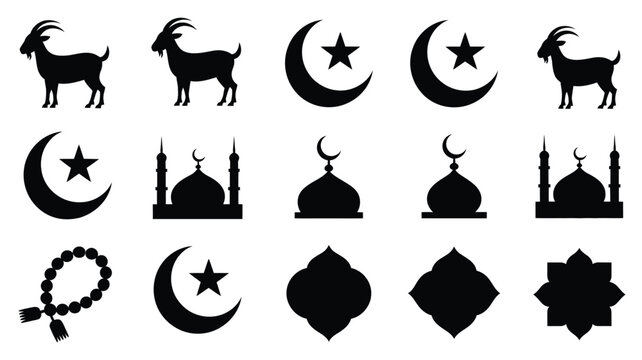 Islamic eid al adha symbols set for muslim celebration design, hajj and ramadan.