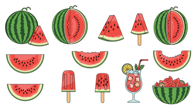 Detailed set of watermelon fruits including whole, halved, sliced, cubes, juice, and ice pops.