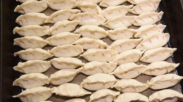 Rows of uncooked japanese gyoza dumplings frying in a hot pan. Close-up view of the traditional homemade asian dish sizzling in oil