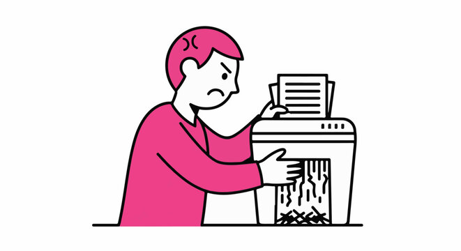 Frustrated person dealing with paper jam in shredder.