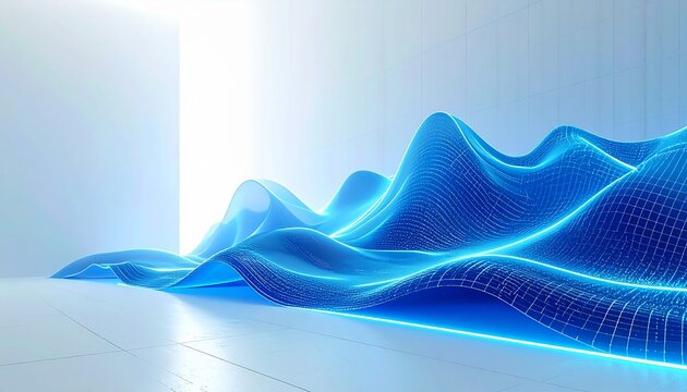 Smooth neon blue waves on white canvas create a futuristic yet minimal tech scene. Generous copy space on the left.