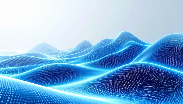 Smooth neon blue waves on white canvas create a futuristic yet minimal tech scene. Generous copy space on the left.