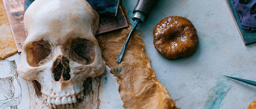 Human skull model on artisan paper beside metal engraving tools and ink plates for printmaking education, craft workshops and antiquarian art projects