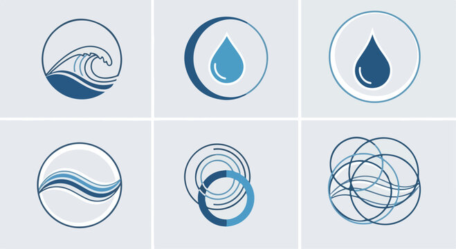 Minimalist blue water logo icons set, 6 circular wave and droplet vector symbols, modern aquatic branding elements for wellness and environment