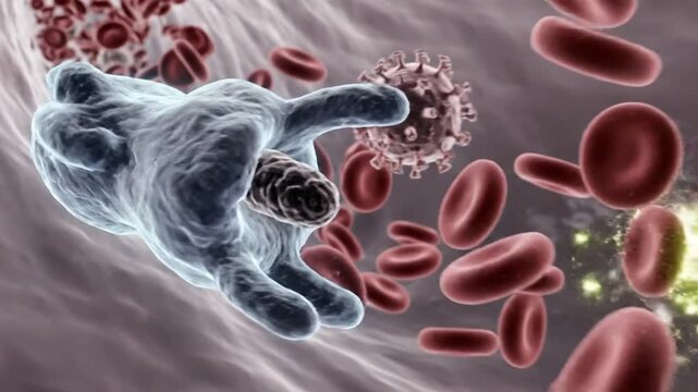 Premium quality 3D medical render of realistic leukocytes moving dynamically through blood vessels white blood cells surrounding and destroying harmful pathogens with glowing biochemical reactions imm