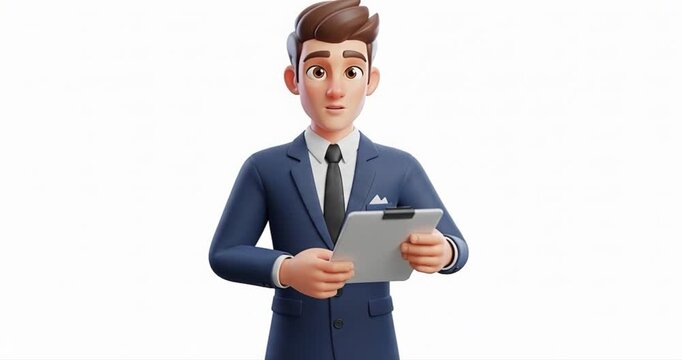 3 d render of businessman in suit holding clipboard against white background