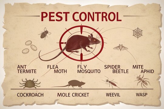 Pest control information poster with rat target and insects list, infestation