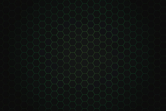 Seamless hexagonal grid pattern with neon green lines on black background, texture
