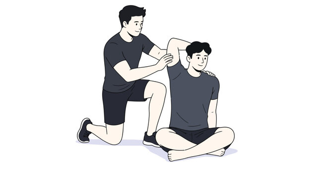 Personal Trainer Helping Man Stretching Arm Exercise 2D Illustration