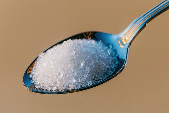 Granulated white sugar on a metal spoon held against a neutral background for baking ingredients, food preparation and culinary editorial
