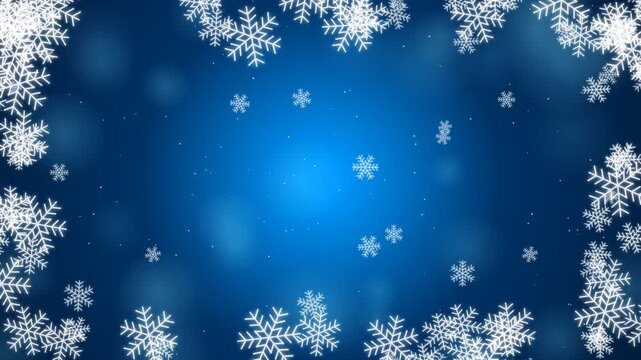 White snowflake border on blue gradient winter background with falling snow particles