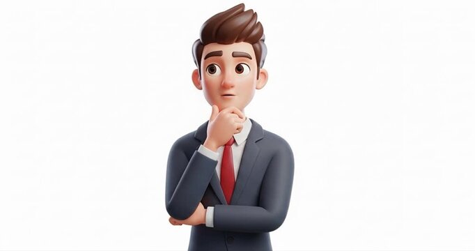 Animated businessman thinking pose isolated on white background