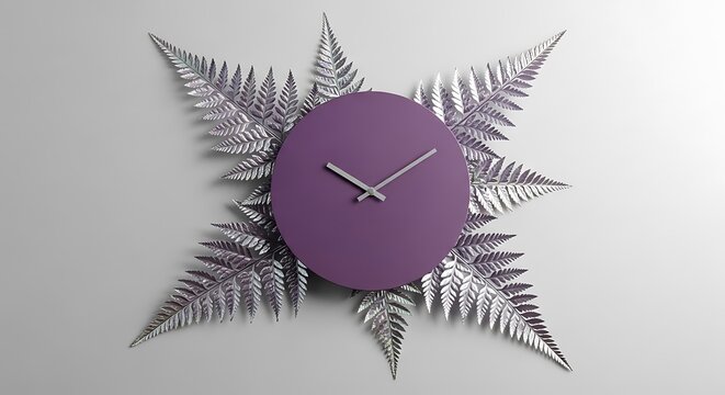 3. Stunning starburst purple wall clock with silver fern leaves radiating outward, symmetrical design, light gray backgroundv