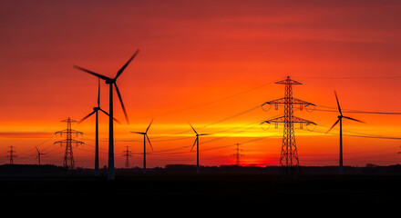 Obraz premium Wind turbines and electrical power lines at sunset with orange sky, turbines