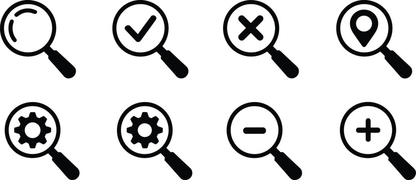 Magnifying glass icon set with check mark, cross, location pin, gear, plus and minus symbols for search functions