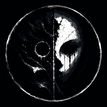 Dark gothic mask illustration, abstract horror face in circular frame, monochrome occult symbol vector, eerie split personality mask for metal music art