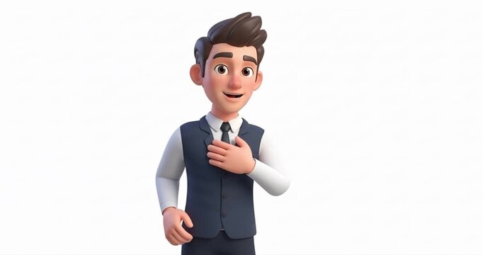 Animated male character presenting on white background