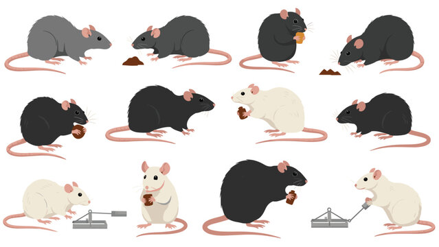 Collection of various rats and mice illustrations shows the rodents in different poses such as eating, walking, and interacting with traps.