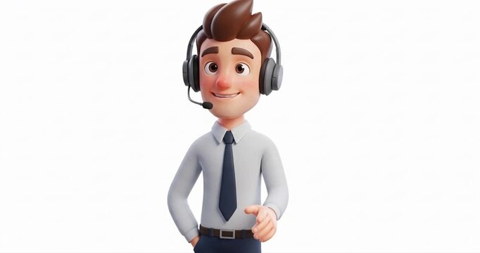 Cartoon customer service representative with headset isolated on white background