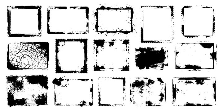 Set of grunge frames banners and textures vector design with paint ink brush splatter and messy black grunge border elements