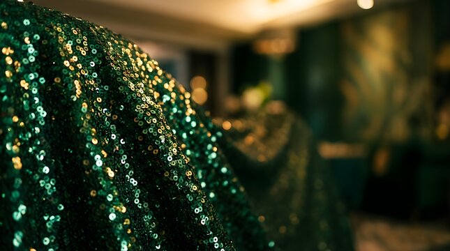 Green sequin fabric backdrop for festive celebrations with blurred bokeh