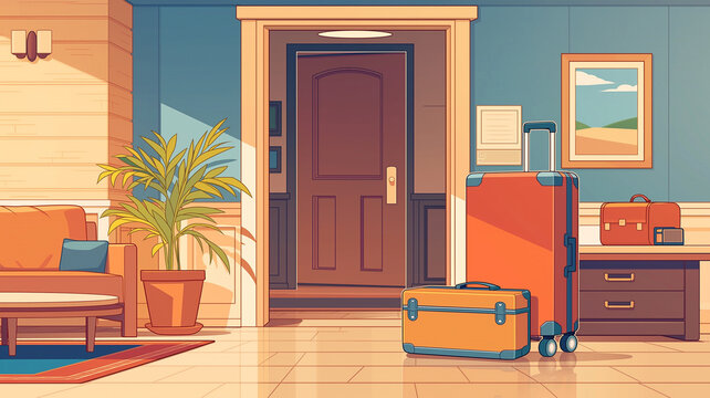 旅行先の部屋に置かれたスーツケースを中心にした背景イラスト。ホテル、リゾート、客室、ベランダ、海の見える景色、観葉植物、家具、テーブル、玄関、室内、宿泊、チェックイン、休暇、観光、バケーション、トラベル、旅支度、無人、ホテルステイ、夏休み、宿泊予約、旅行素材、背景素材、挿絵、広告、ブログ、バナー、サムネイル向け素材。旅行計画のイメージにも最適。旅の始まりを感じる一枚です。休暇の雰囲気を伝える素材。