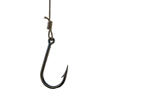 Sharp metal fishing hook attached to a nylon fishing line - Isolated on transparent background