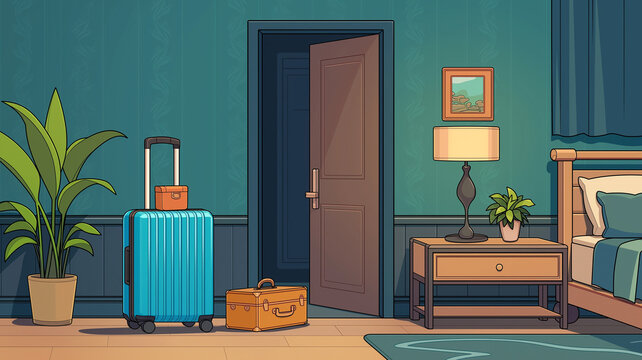 リゾート地のホテル客室と旅行荷物を描いた背景イラスト。スーツケース、ベランダ、海辺の眺め、観葉植物、家具、テーブル、玄関、室内、宿泊施設、チェックイン、チェックアウト、休暇、観光、バケーション、トラベル、旅支度、無人、ホテルステイ、旅行計画、夏休み、到着、出発、背景素材、挿絵、広告、ブログ、バナー、サムネイルに便利な素材。観光案内や旅行ブログにも便利。非日常感のある空間を表現。予約サイトにも便利。