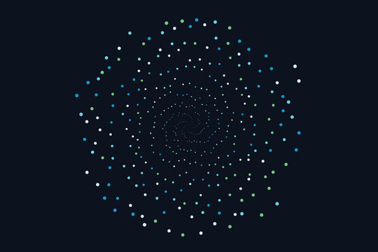 Glowing cyan dots forming a spiraling galactic pattern against dark space blue