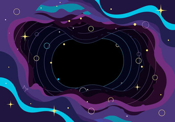 Abstract Space Frame with Purple Nebula Waves, Stars and Orbiting Planets Illustration © amat