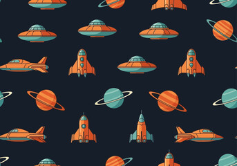 Seamless Vector Pattern featuring Vintage Rockets, UFOs, and Planets in a Retro-Futuristic Style. Mid-Century Space Adventure Background on Dark Blue. © amat