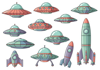 Set of Retro Cartoon UFOs and Spaceship Rockets Vector Illustration Isolated on White Background for Sci-Fi Design © amat