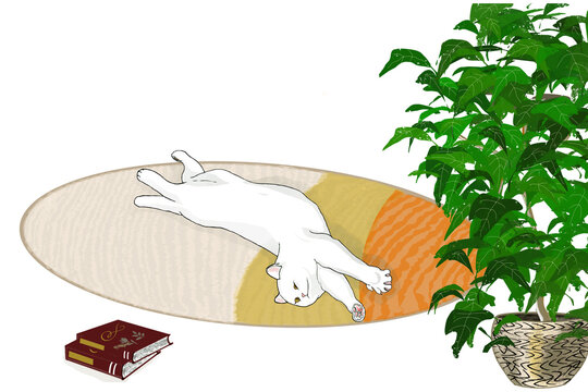 お洒落なラグと観葉植物の横でのびのびとリラックスする白猫のイラスト