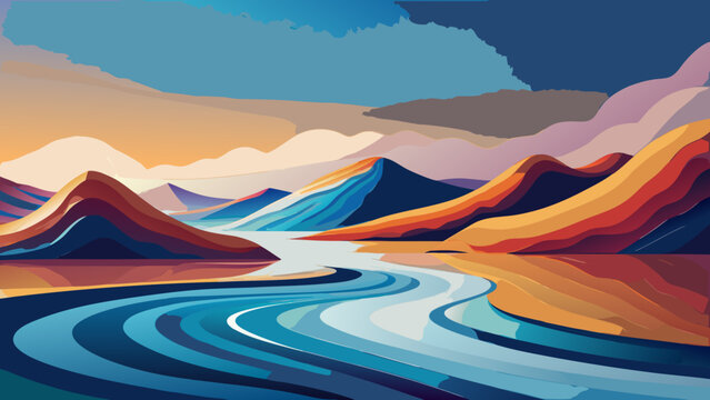 Dramatic landscape illustration featuring layered mountains and flowing river at twilight landscape mountains twilight abstract illustration colorful peaceful stylized backdrop wallpaper