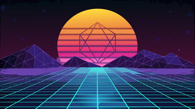 Neon retrowave landscape featuring geometric icosahedron icon retrowave icosahedron geometry synthwave landscape mountains vaporwave futuristic background perspective abstract electronic