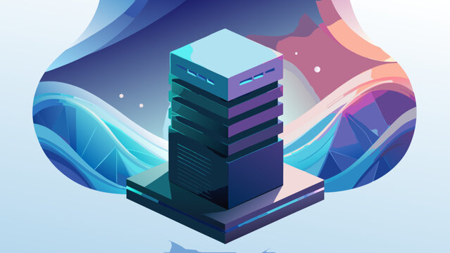 Isometric data server tower concept with abstract colorful fluid background server rack isometric technology computing abstract infrastructure information connection communication internet