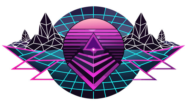 Synthwave pyramid abstract landscape design with sci fi synthwave abstract landscape futuristic mountain nostalgia background electronic vaporwave wireframe contrast mystical aesthetic
