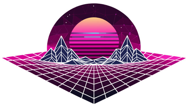 Abstract synthwave mountain scene with glowing sunset and perspective grid synthwave retrowave mountains landscape vaporwave futuristic abstract electronic nostalgia background perspective