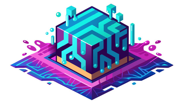 Isometric digital data cube with glowing circuitry and abstract fluid elements technology isometric abstract information computer processor hardware connectivity electronic innovation
